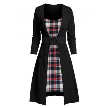 

Patchwork Buckled Plaid Cable Knit Dress, Multicolor