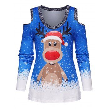 

Christmas Cute Elk Snowflake Print Top Cold Shoulder V Neck Long Sleeve Xmas Top, Blue