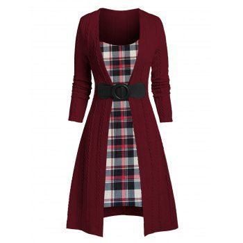 

Patchwork Buckled Plaid Cable Knit Dress, Red