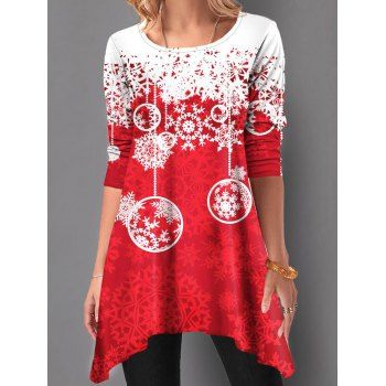 

Christmas Ball Snowflake Print Asymmetric Top Full Sleeve Contrasting Xmas Top, Deep red