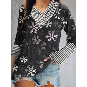 

Christmas Snowflake Stripe Print Top Crossover Shawl Neck Long Sleeve Xmas Top, Black