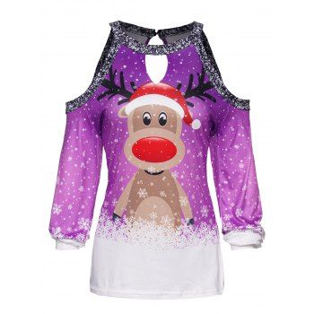 

Christmas Cute Elk Snowflake Print Top Cold Shoulder Cut Out Keyhole Long Sleeve Xmas Top, Multicolor a