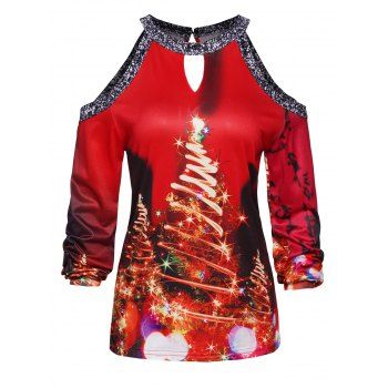 

Sparkly Christmas Tree Print Top Cold Shoulder Cut Out Keyhole Long Sleeve Top, Multicolor a