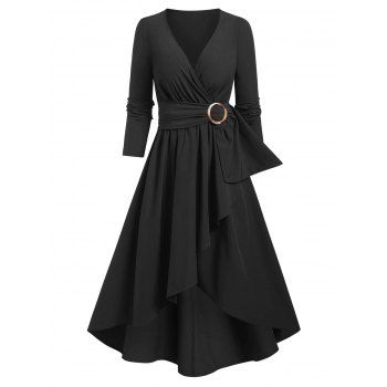 

O Ring Overlap Dip Hem Surplice Dress, Black