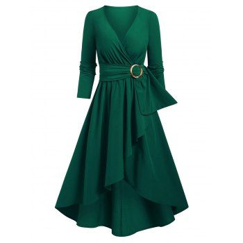 

O Ring Overlap Dip Hem Surplice Dress, Deep green