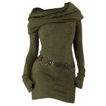 

Hooded Cowl Neck Knit Sweater Thumb Hole Full Sleeve Belted Knitted Top, Deep green