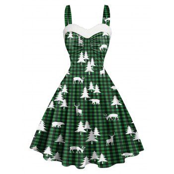 

Christmas Tree Elk Plaid Print Mini Dress Faux Fur Panel Sleeveless Sweetheart Neck A Line Cami Dress, Deep green