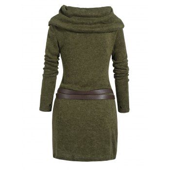 Hooded Cowl Neck Knit Sweater Thumb Hole Full Sleeve Belted Knitted dress