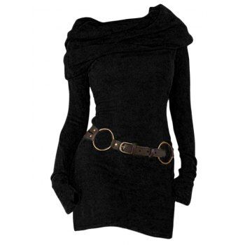 Hooded Cowl Neck Knit Sweater Thumb Hole Full Sleeve Belted Knitted dress