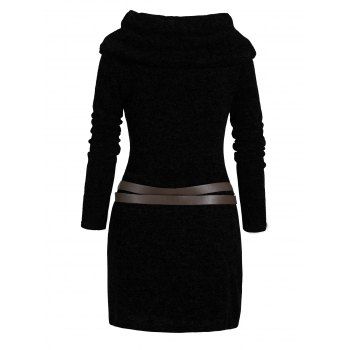 Hooded Cowl Neck Knit Sweater Thumb Hole Full Sleeve Belted Knitted dress