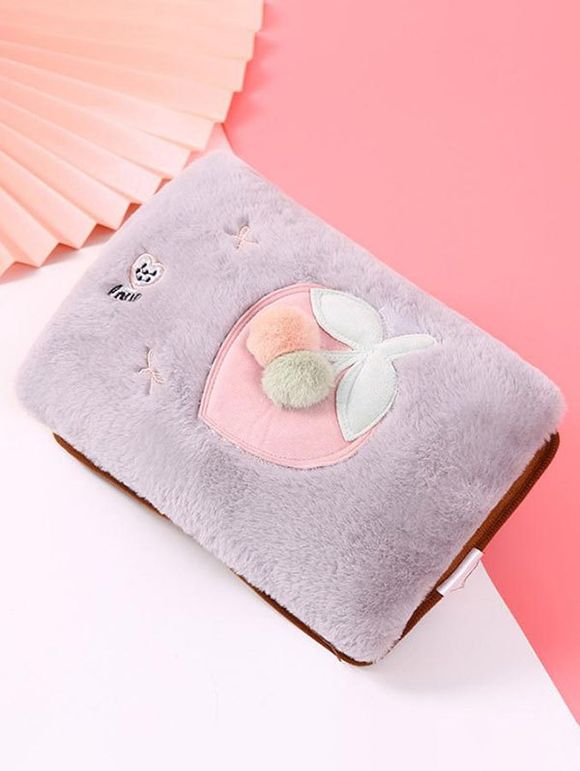 Sac d'Eau Chaude Antidérapant en Fausse Fourrure Rechargeable Motif Fraise pour L'Eau - Gris Clair 20 CM X 28 CM
