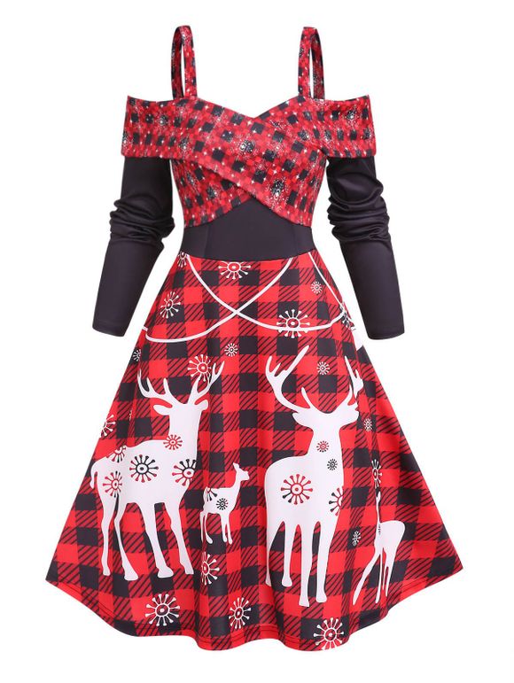 Christmas Elk Snowflake Plaid Print Dress Cold Shoulder Foldover Crossover Long Sleeve A Line Dress - BLACK M