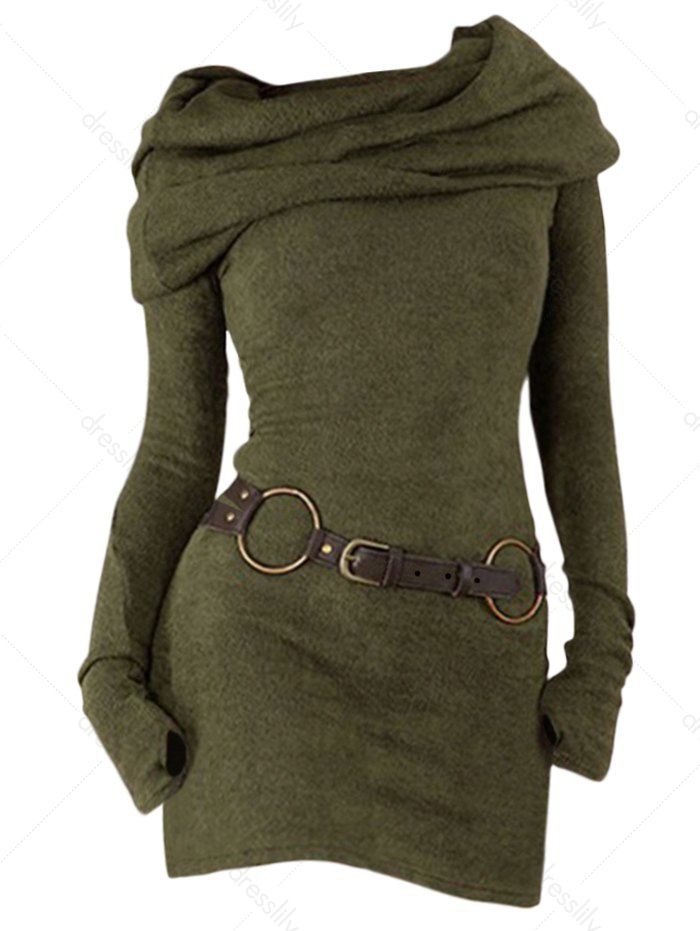 Hooded Cowl Neck Knit Mini Dress Thumb Hole Full Sleeve Belted Knitted Bodycon Dress - DEEP GREEN L
