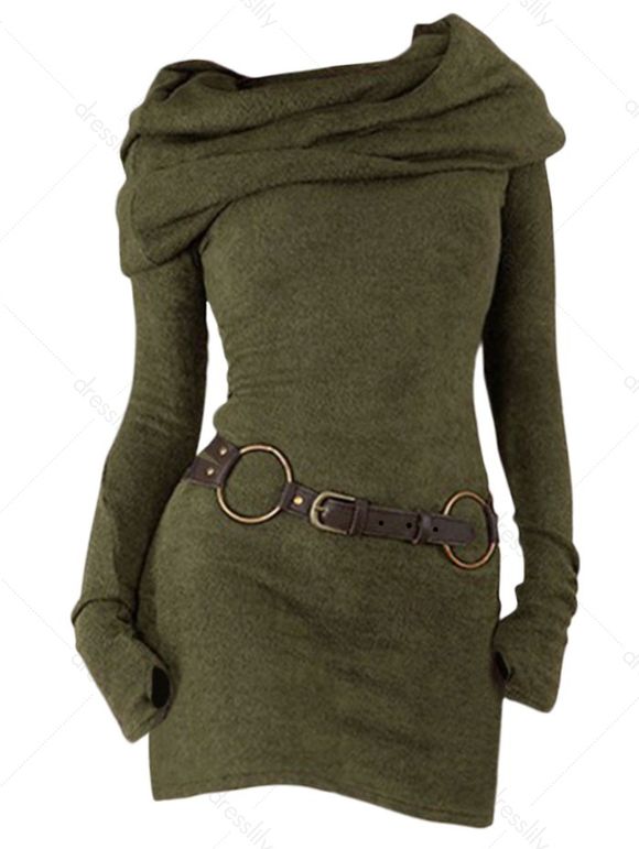 Hooded Cowl Neck Knit Sweater Thumb Hole Full Sleeve Belted Knitted Top - DEEP GREEN L