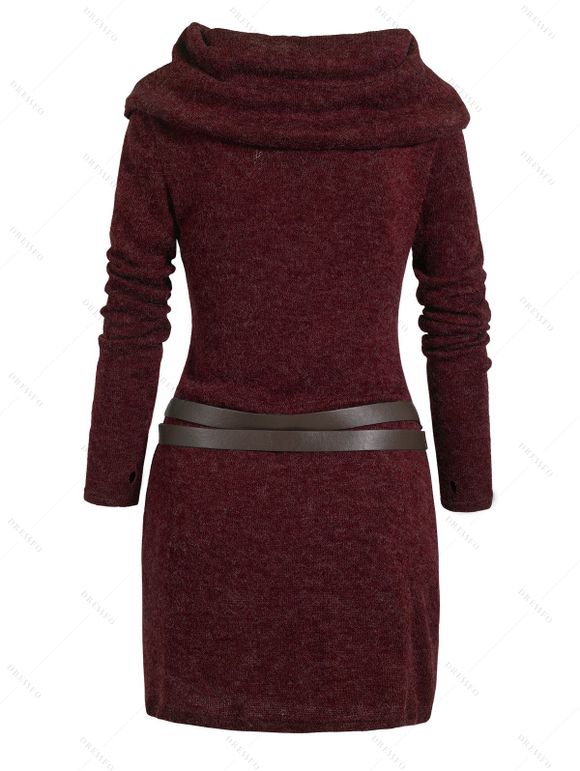 Robe à Capuche Long en Tricot Ceinturé à Manches Longues à Col Bénitier Trou pour Pouce - Rouge foncé XXL