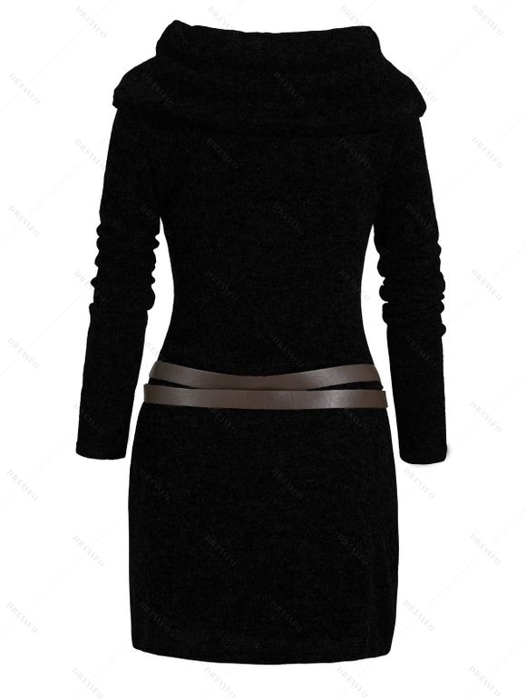 Robe à Capuche Long en Tricot Ceinturé à Manches Longues à Col Bénitier Trou pour Pouce - Noir L