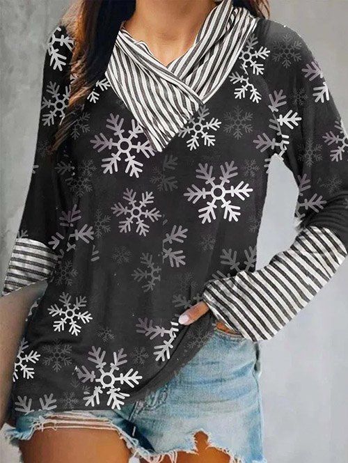 Christmas Snowflake Stripe Print Top Crossover Shawl Neck Long Sleeve Xmas Top - BLACK 2XL