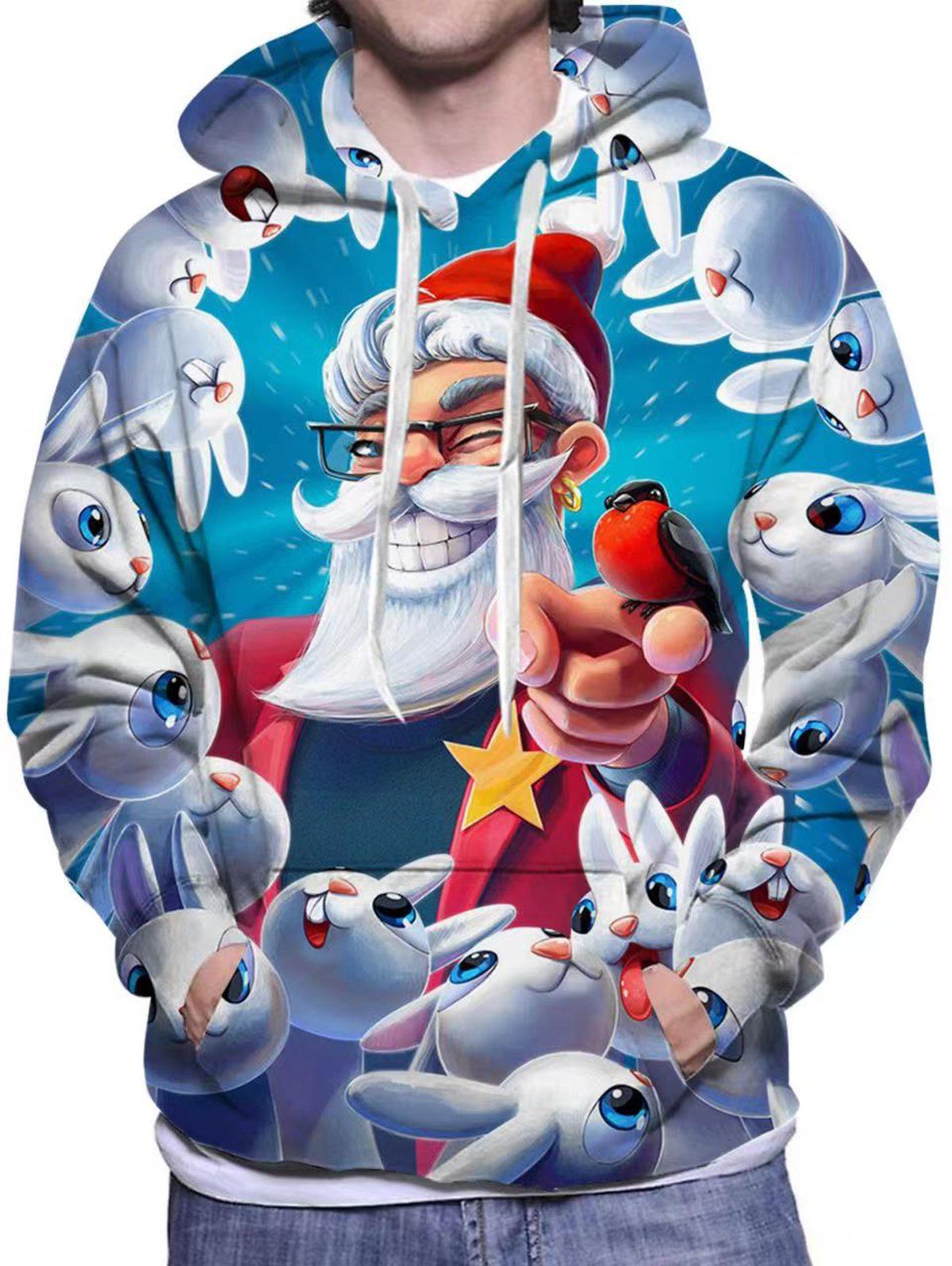 Sweat à Capuche Décontracté à Imprimé Lapin Père Noël Dessin Animé à Goutte Epaule avec Poche Kangourou - multicolor XL