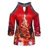 Sparkly Christmas Tree Print Top Cold Shoulder Cut Out Keyhole Long Sleeve Top