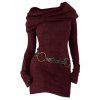 Robe à Capuche Long en Tricot Ceinturé à Manches Longues à Col Bénitier Trou pour Pouce - Rouge foncé L