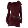 Hooded Cowl Neck Knit Mini Dress Thumb Hole Full Sleeve Belted Knitted Bodycon Dress - BLACK L