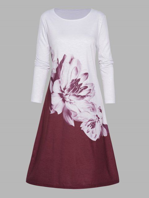 Flower Ink Painting Print Tee Dress Colorblock Long Sleeve Casual Tunic Dress