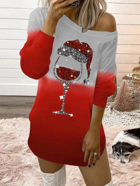 Christmas Sparkly Cap Cup Ombre Print Mini Dress Skew Collar Long Sleeve Sweatshirt Dress