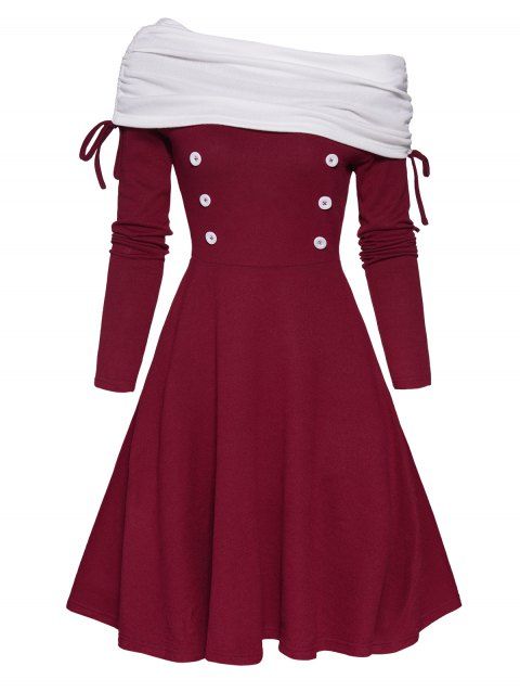 Contrast Colorblock Dress Cinched Foldover Long Sleeve High Waisted Mock Button A Line Mini Dress