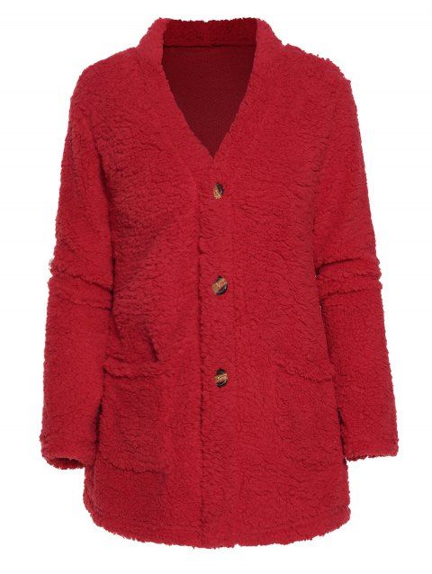 Plain Color Coat Faux Fur Coat Patch Pocket Long Sleeve Button Up Coat