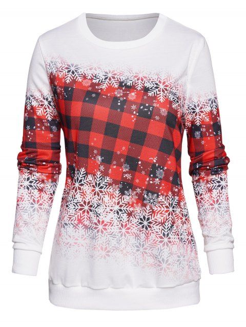 Christmas Snowflake Plaid Print Sweatshirt Crew Neck Casual Xmas Sweatshirt