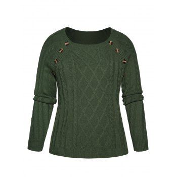 

Plus Size & Curve Sweater Cable Knit Raglan Sleeve Sweater Solid Color Mock Button Sweater, Deep green