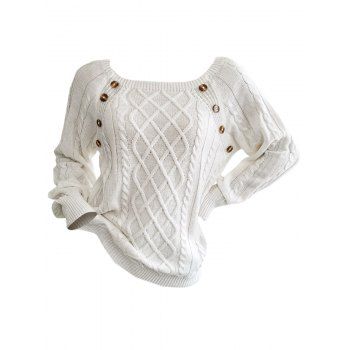 Cable Knit Sweater Mock Button Raglan Sleeve Crew Neck Pullover Sweater 