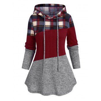 

Colorblock Plaid Print Knit Hoodie Drawstring Textured Knitted Hoodie, Deep red