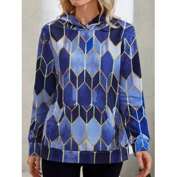 

Allover Geometric Print Hoodie Kangaroo Pocket Long Sleeve Casual Hoodie, Blue