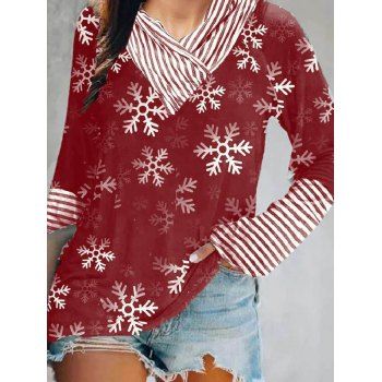 

Christmas Snowflake Stripe Print Top Crossover Shawl Neck Long Sleeve Xmas Top, Deep red