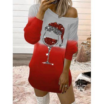 

Christmas Sparkly Cap Cup Ombre Print Mini Dress Skew Collar Long Sleeve Sweatshirt Dress, Deep red