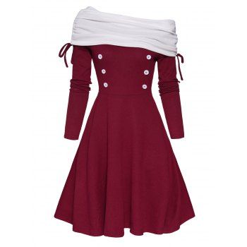 

Contrast Colorblock Dress Cinched Foldover Long Sleeve High Waisted Mock Button A Line Mini Dress, Red