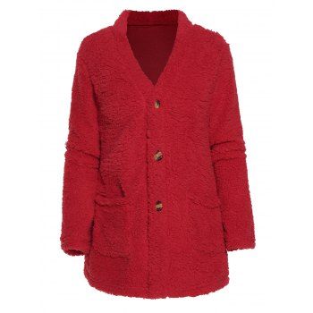 

Plain Color Coat Faux Fur Coat Patch Pocket Long Sleeve Button Up Coat, Red