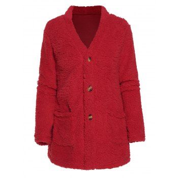 Plain Color Coat Faux Fur Coat Patch Pocket Long Sleeve Button Up Coat, DRESSLILY  - buy with discount