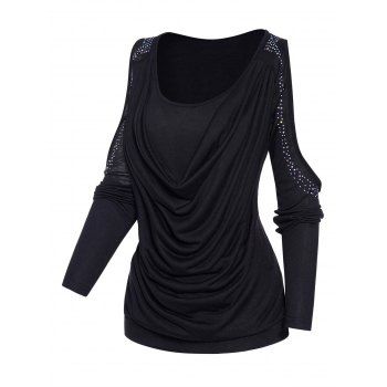 Cold Shoulder Long Sleeve Top Sparkly Rhinestone Cowl Neck Draped Top