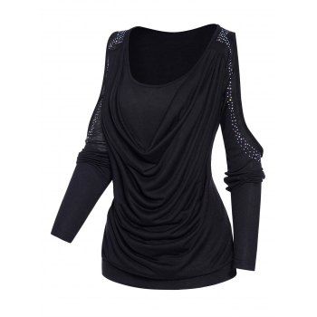 

Cold Shoulder Long Sleeve Top Sparkly Rhinestone Cowl Neck Draped Top, Black