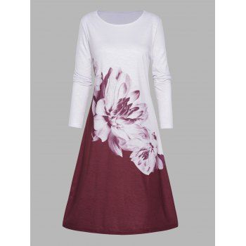 

Flower Ink Painting Print Tee Dress Colorblock Long Sleeve Casual Tunic Dress, Red