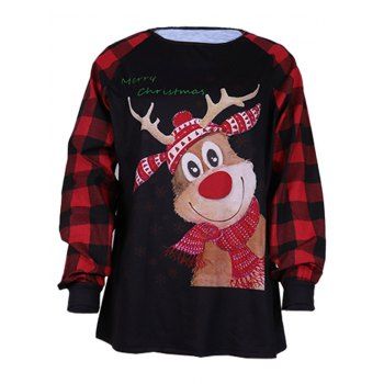

Christmas Cute Snowflake Plaid Print Contrasting Top Raglan Sleeve Round Neck Xmas Top, Multicolor a