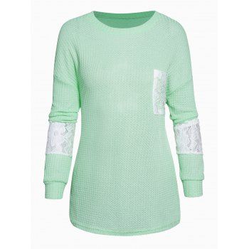 

Contrast Sheer Flower Detail Knit Top Drop Shoulder Long Sleeve Knitted Top, Light green