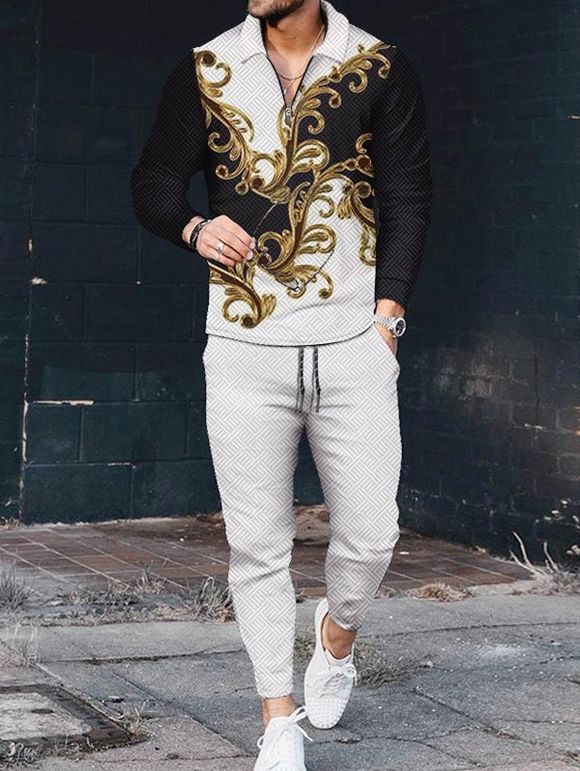 Ensemble de Pantalon Long Décontracté à Cordon et T-shirt en Blocs de Couleurs Zigzag Imprimé Zippé Taille - Blanc XXXL