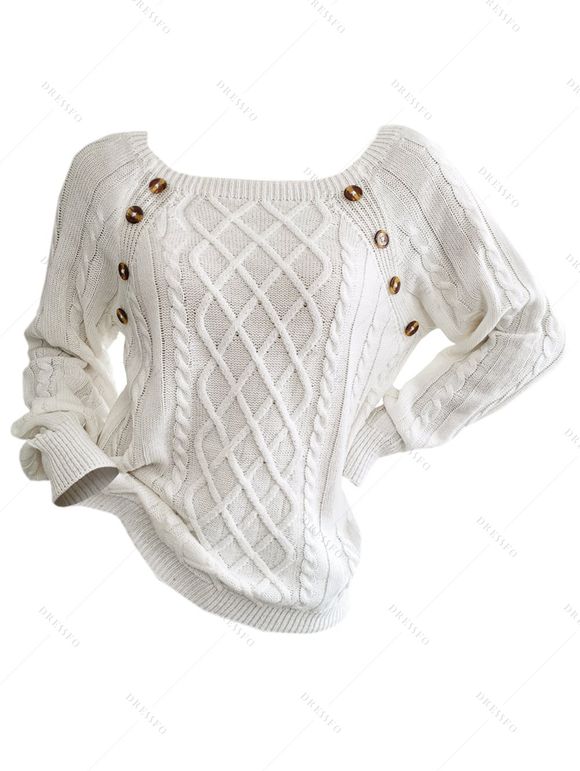 Pull en Tricot à Câble Boutonné à Manches Raglan à Col Rond - Blanc XL