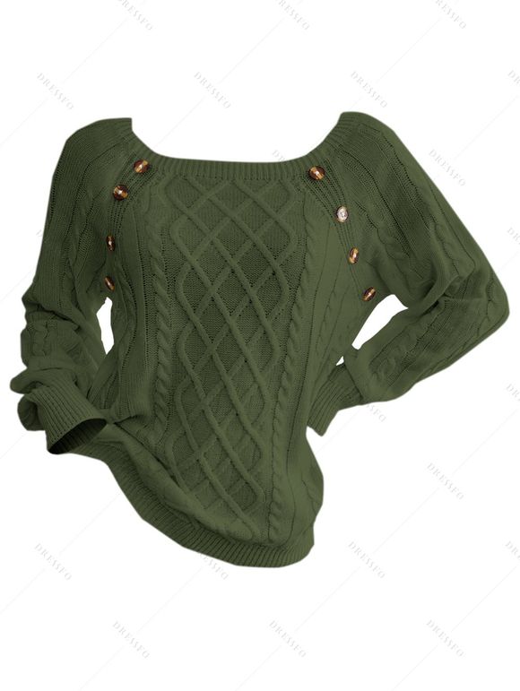 Pull en Tricot à Câble Boutonné à Manches Raglan à Col Rond - Vert profond 2XL