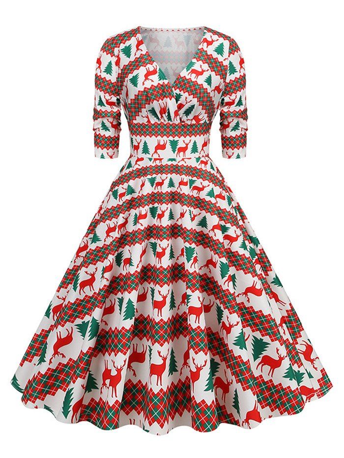 Robe Vintage à Imprimé Cerf Arbre de Noël et Carreaux à Taille Haute à Col Plongeant - multicolor A XL