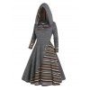 Tribal Colorful Stripe Panel Hooded Knit Dress Mock Button Long Sleeve A Line Knitted Dress - GRAY S