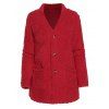 Manteau Simple Boutonné en Fausse Fourrure avec Poche Jointive à Manches Longues - Rouge XL